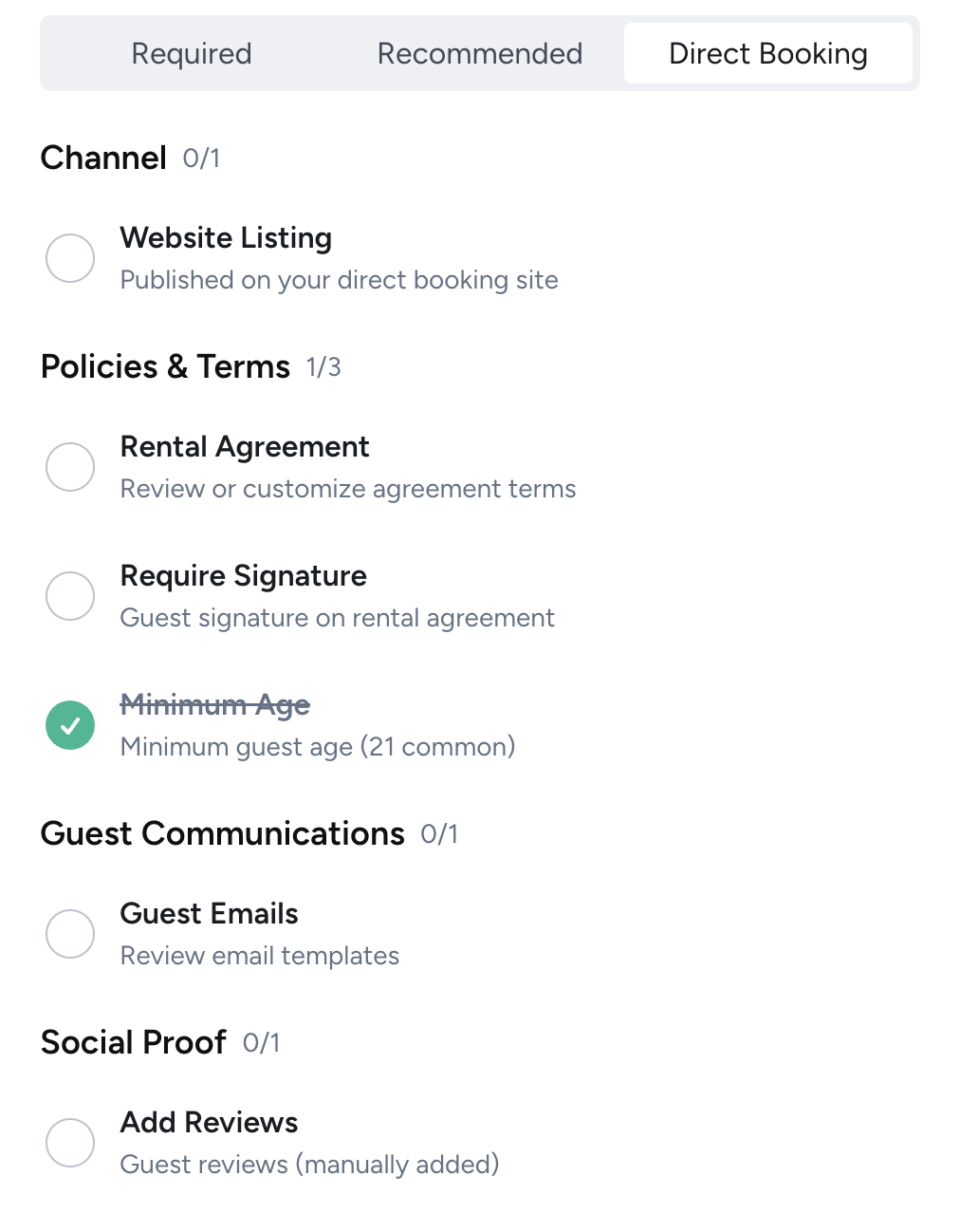 Setup checklist Direct Booking tab