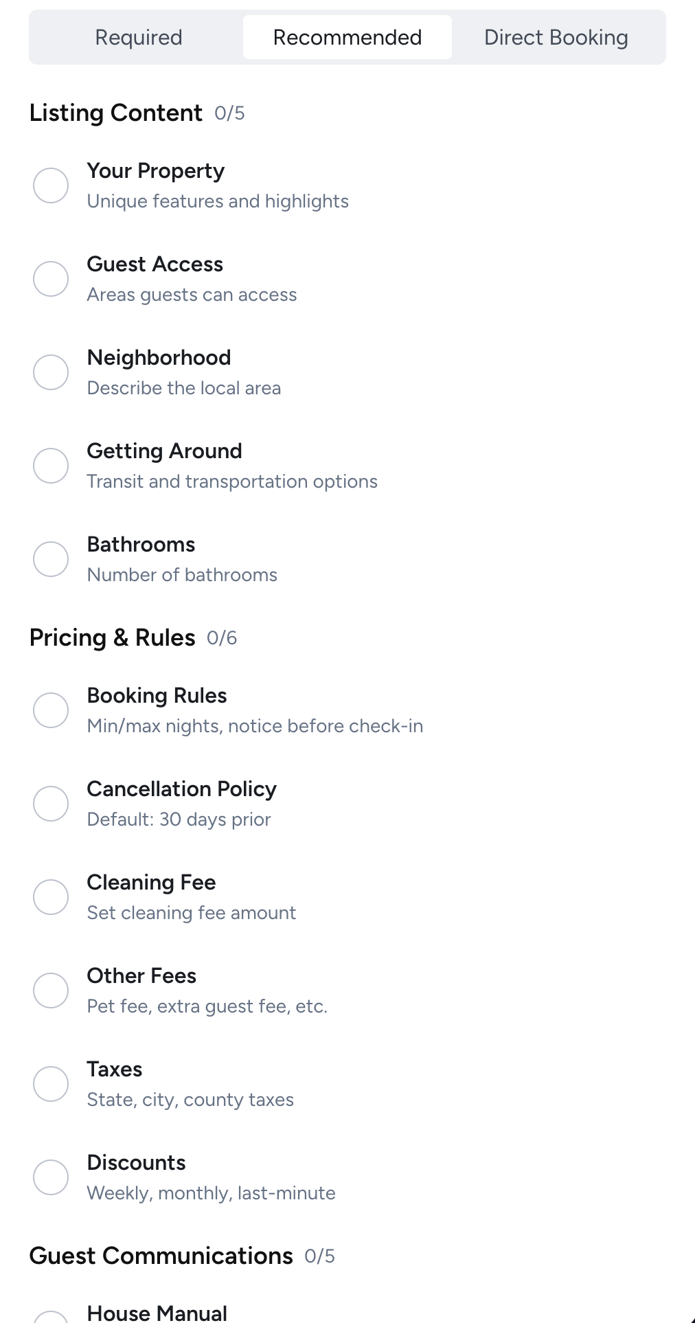 Setup checklist Recommended tab