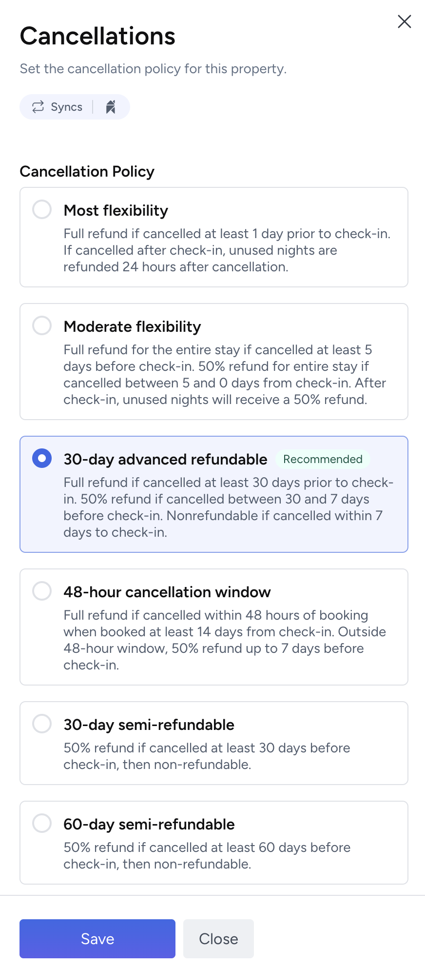 Cancellation policy drawer with all options